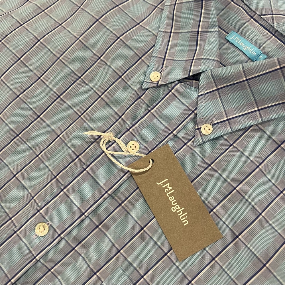 NWT J.McLaughlin Carnegie Windowpane Plaid Performance Button Down Shirt XL Blue